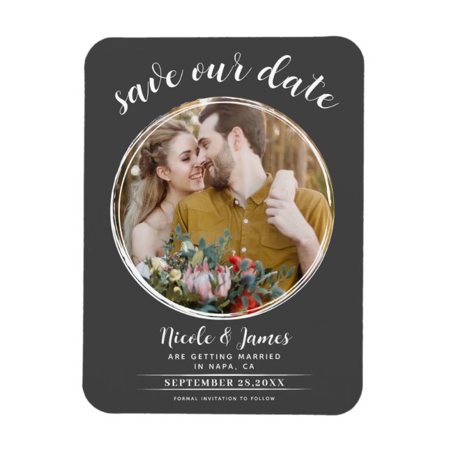Grey & White Modern Round Photo Save the Date Magnet (Vertical)