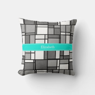 Grey White Mondrian Inspired Aqua Name Monogram Cushion