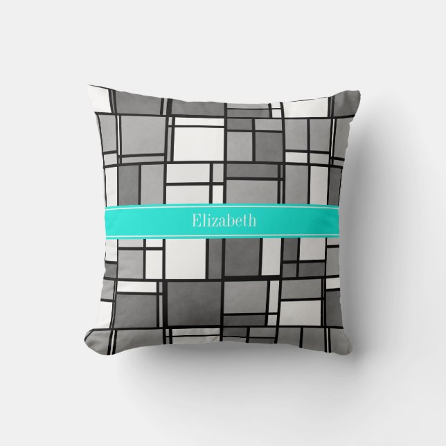 Grey White Mondrian Inspired Aqua Name Monogram Cushion (Front)