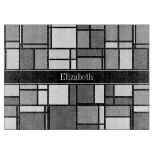 Grey White Mondrian Style Black Ribbon Monogram Cutting Board