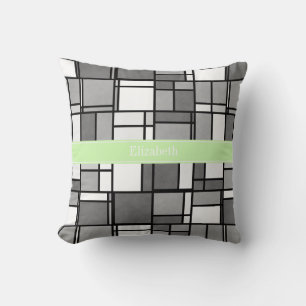 Grey White Mondrian Style Celery Ribbon Monogram Cushion