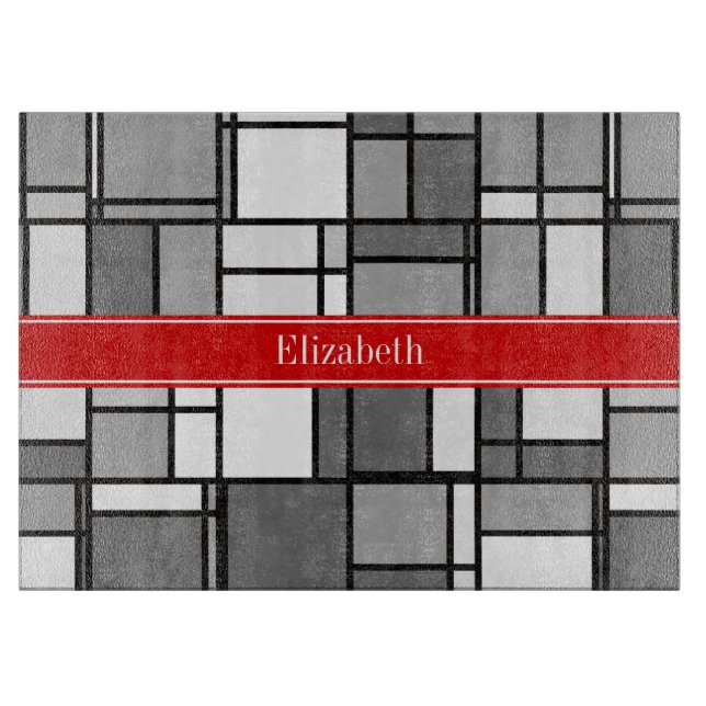 Grey White Mondrian Style Red Ribbon Monogram Cutting Board (Front)