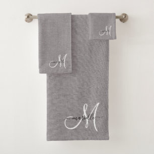 Grey White Monogram Faux Linen Grey Bath Towel Set
