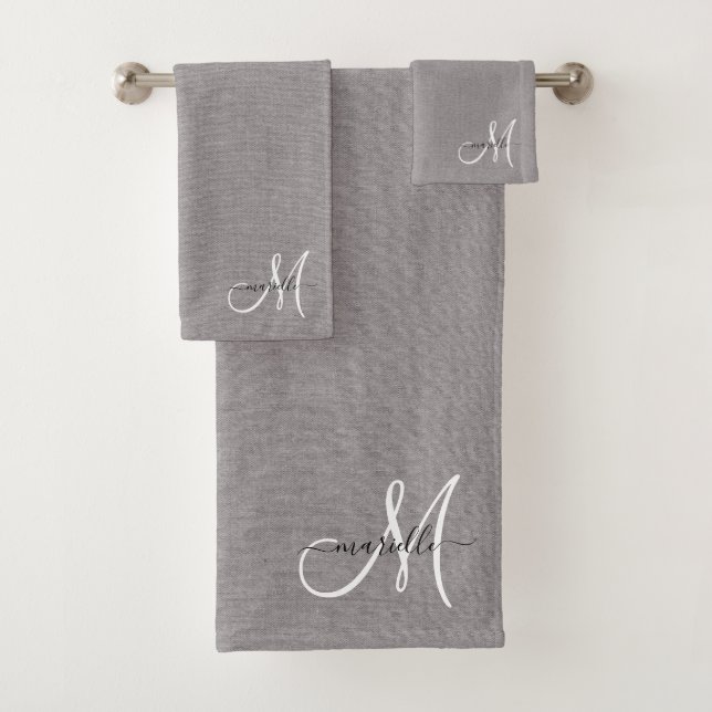 Grey White Monogram Faux Linen Grey Bath Towel Set (Insitu)