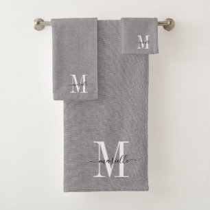 Grey White Monogram Faux Linen Grey Bath Towel Set