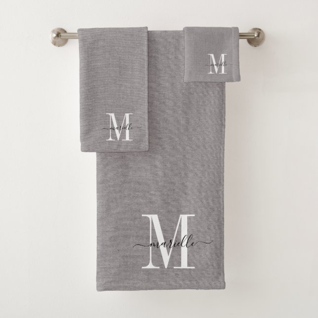Grey White Monogram Faux Linen Grey Bath Towel Set (Insitu)