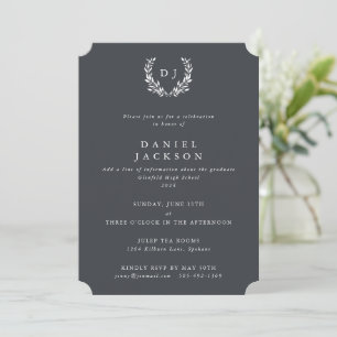 Grey + White Monogram Laurel Wreath Graduation Invitation