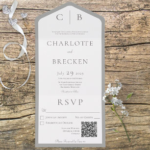 Grey & White Monogram Minimal QR Code All In One Invitation