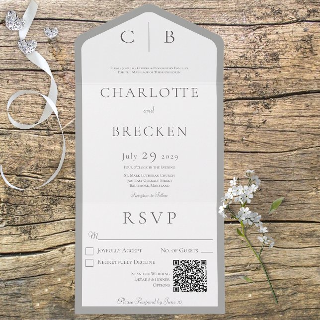Grey & White Monogram Minimal QR Code All In One Invitation (Creator Uploaded)
