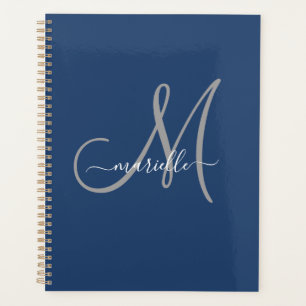 Grey White Monogram Navy Blue Planner