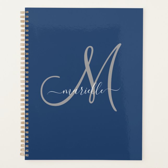 Grey White Monogram Navy Blue Planner (Front)