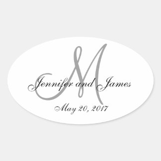 Grey White Monogram Oval Wedding Label