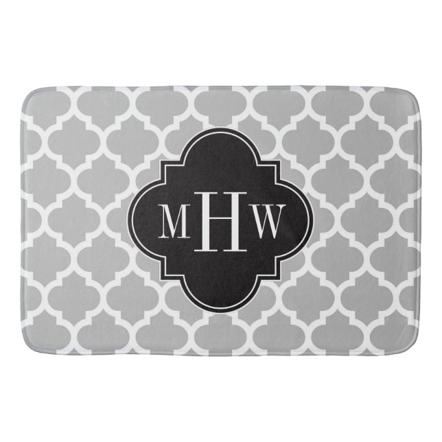Grey White Moroccan #5 Black 3 Initial Monogram Bath Mat (Front)