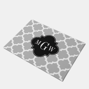 Grey White Moroccan #5 Black 3 Initial Monogram Doormat