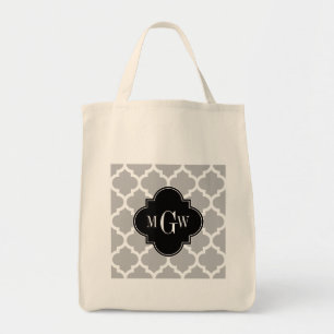 Grey White Moroccan #5 Black 3 Initial Monogram Tote Bag