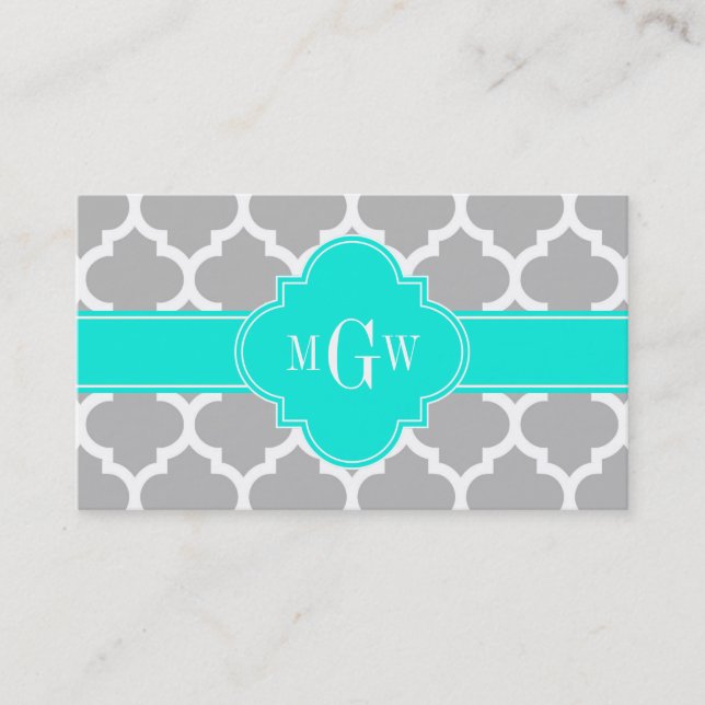 Grey White Moroccan #5 Brt Aqua 3 Initial Monogram Business Card (Front)