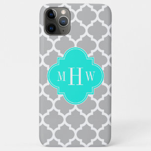 Grey White Moroccan #5 Brt Aqua 3 Initial Monogram iPhone 11 Pro Max Case