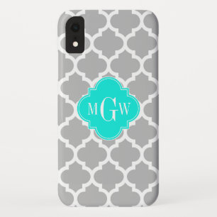 Grey White Moroccan #5 Brt Aqua 3 Initial Monogram iPhone XR Case