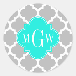 Grey White Moroccan #5 Brt Aqua 3 Initial Monogram Classic Round Sticker