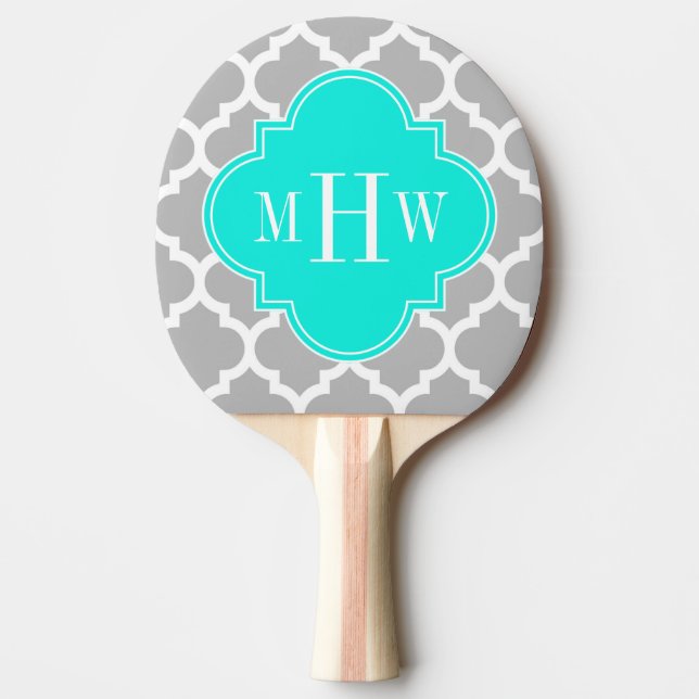 Grey White Moroccan #5 Brt Aqua 3 Initial Monogram Ping Pong Paddle (Front)