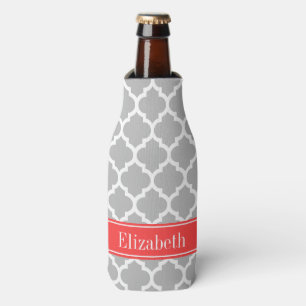 Grey White Moroccan #5 Coral Red Name Monogram Bottle Cooler