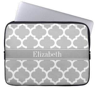 Grey White Moroccan #5 Dark Grey Name Monogram Laptop Sleeve