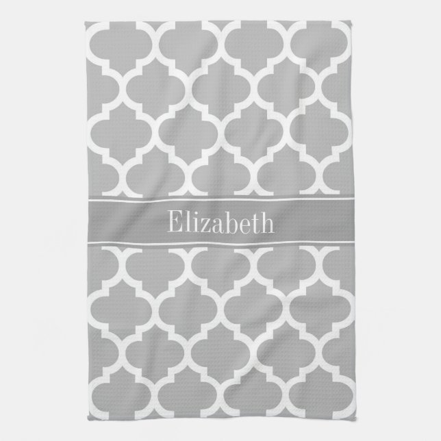Grey White Moroccan #5 Dark Grey Name Monogram Tea Towel (Vertical)