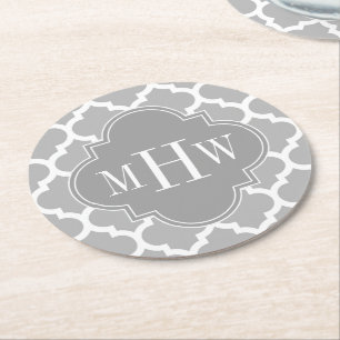 Grey White Moroccan #5 Dk Grey 3 Initial Monogram Round Paper Coaster
