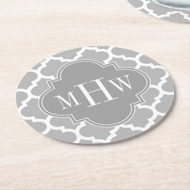 Grey White Moroccan #5 Dk Grey 3 Initial Monogram Round Paper Coaster (Angled)