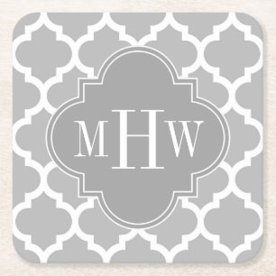 Grey White Moroccan #5 Dk Grey 3 Initial Monogram Square Paper Coaster