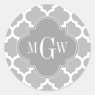 Grey White Moroccan #5 Grey 3 Initial Monogram Classic Round Sticker