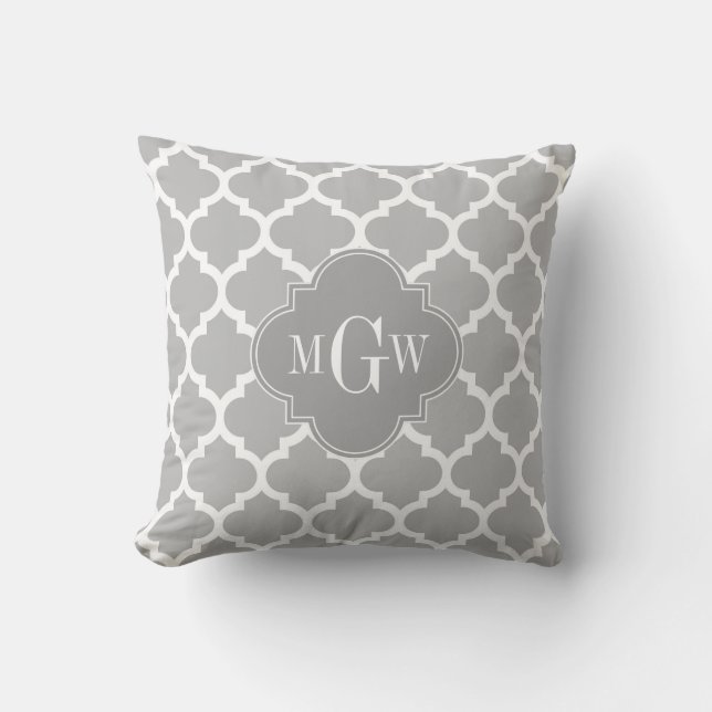 Grey White Moroccan #5 Grey 3 Initial Monogram Cushion (Front)