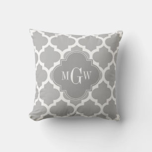 Grey White Moroccan #5 Grey 3 Initial Monogram Cushion