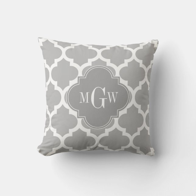 Grey White Moroccan #5 Grey 3 Initial Monogram Cushion (Front)