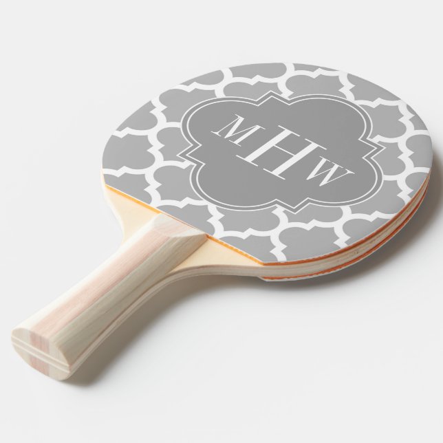 Grey White Moroccan #5 Grey 3 Initial Monogram Ping Pong Paddle (Front Angle)