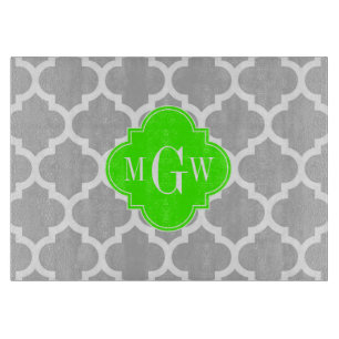 Grey White Moroccan #5 Lime Grn 3 Initial Monogram Cutting Board