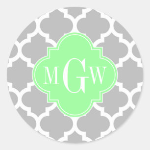 Grey White Moroccan #5 Mint Grn 3 Initial Monogram Classic Round Sticker