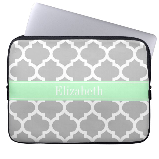 Grey White Moroccan #5 Mint Name Monogram Laptop Sleeve (Front)
