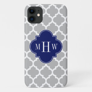 Grey White Moroccan #5 Navy 3 Initial Monogram iPhone 11 Case