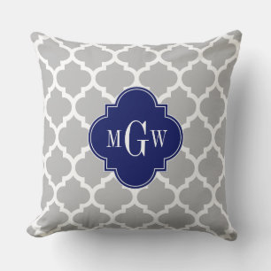 Grey White Moroccan #5 Navy 3 Initial Monogram Cushion