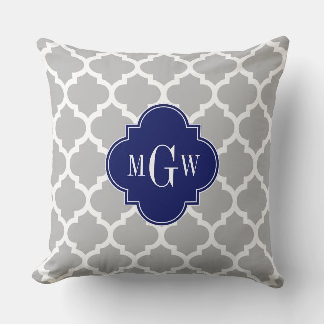 Grey White Moroccan #5 Navy 3 Initial Monogram Cushion (Front)