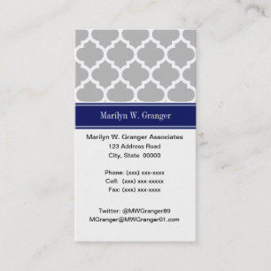 Grey White Moroccan #5 Navy Blue Name Monogram Business Card