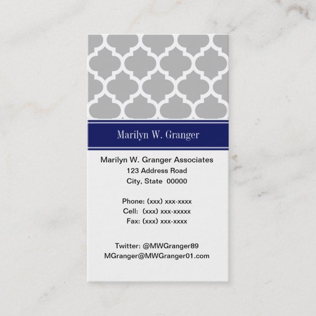 Grey White Moroccan #5 Navy Blue Name Monogram Business Card (Front)