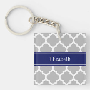Grey White Moroccan #5 Navy Blue Name Monogram Key Ring