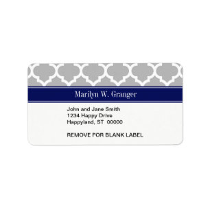 Grey White Moroccan #5 Navy Blue Name Monogram Label