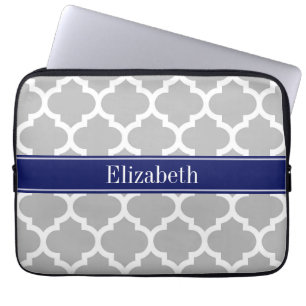 Grey White Moroccan #5 Navy Blue Name Monogram Laptop Sleeve