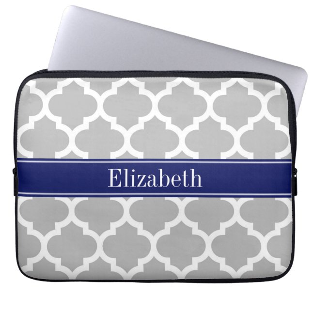 Grey White Moroccan #5 Navy Blue Name Monogram Laptop Sleeve (Front)