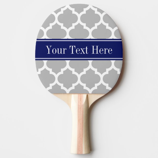 Grey White Moroccan #5 Navy Blue Name Monogram Ping Pong Paddle (Front)