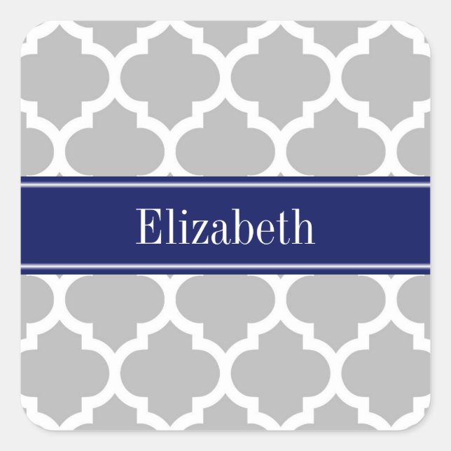 Grey White Moroccan #5 Navy Blue Name Monogram Square Sticker (Front)