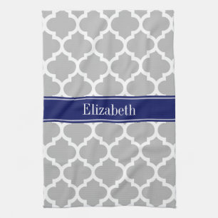 Grey White Moroccan #5 Navy Blue Name Monogram Tea Towel